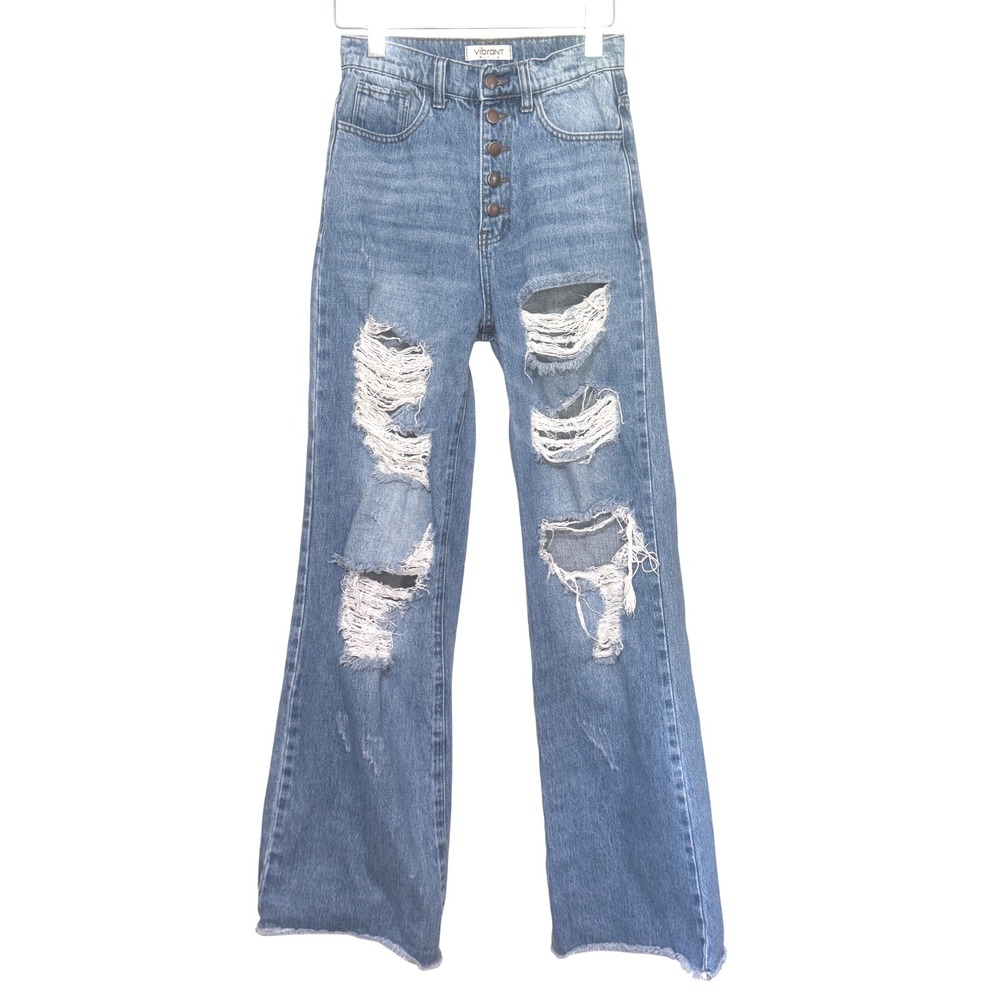 Vibrant MIU Women Distressed Wide Leg Jeans Medium Wash High Rise‎ Size 5 W26